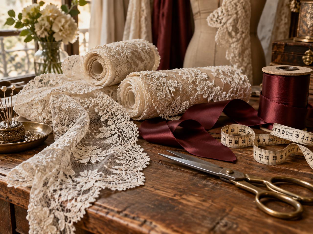 Atelier mit Spitze, Satinband und Näh-Utensilien